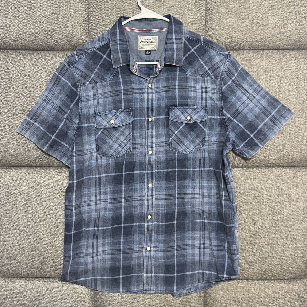 Mens‎ Flag and Anthem Short Sleeve Button Up Shirt w/ Pearl Snaps - Large